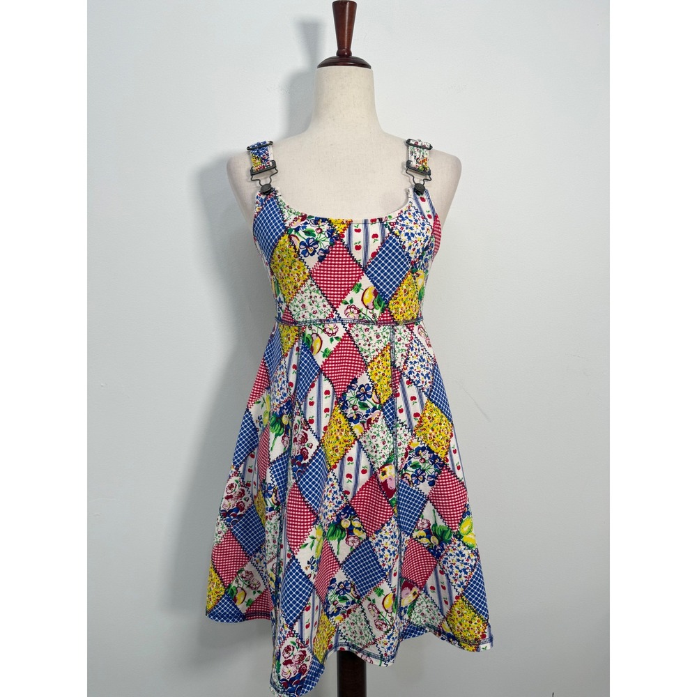 Vtg Patchwork Mini Dress Small Floral Gingham Overall Strap Sleeveless Cover up